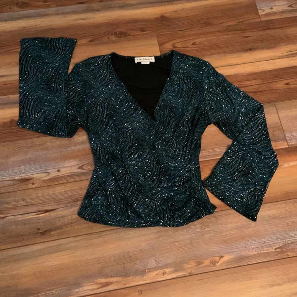 Vintage 80's J.S. Edward Black and Teal Green Silver Sparkly Cocktail Top